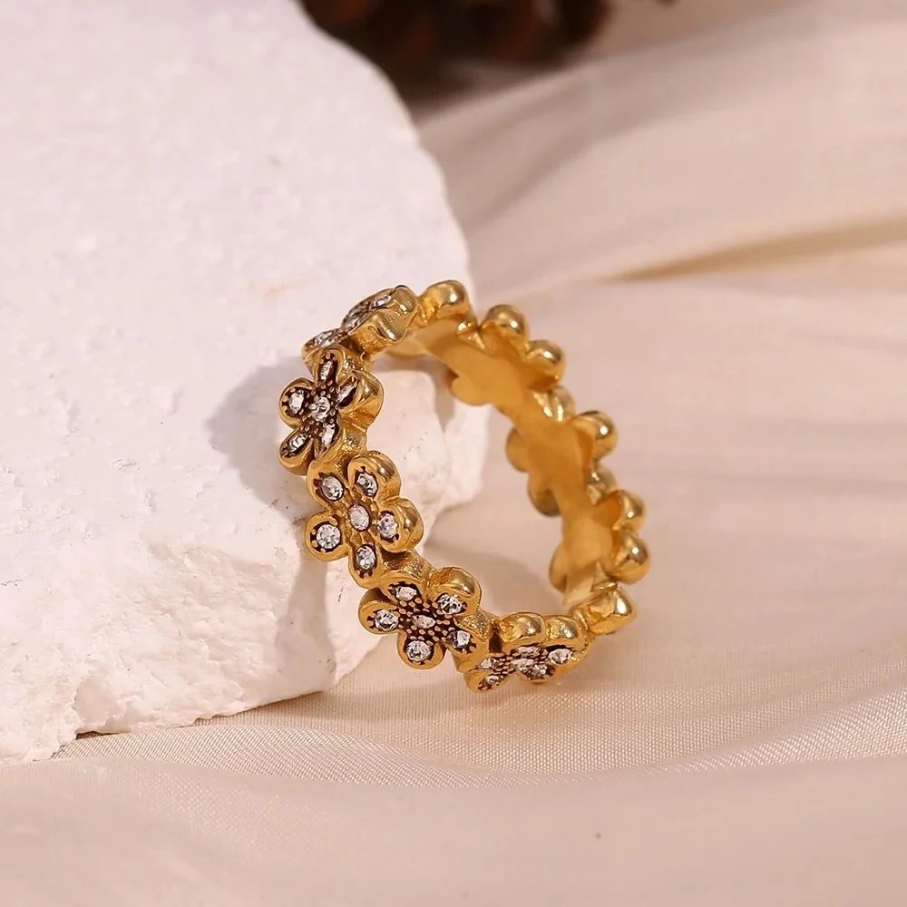Gold Floral Ring with Zircon